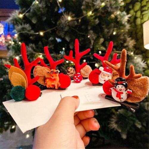2pcs Christmas Cute Antler Hair Clips Deer Ear Hairpins Festival Snowman Santa Claus Moose Mushroom Headwear Hair Accessories