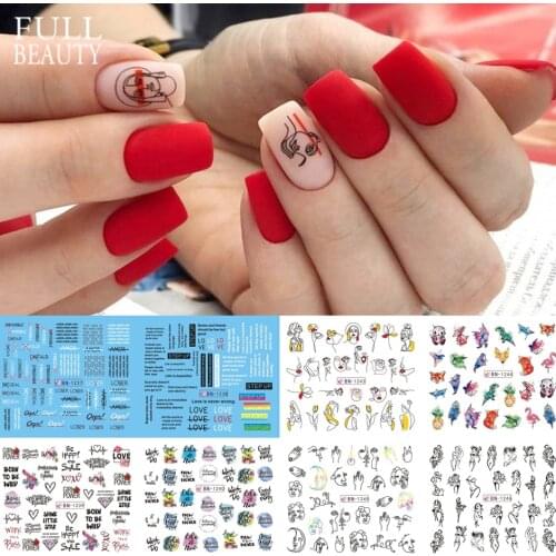 12pcs Abstract Girl Face Sliders Manicure Stickers Nail Art Decals Line Drawing Letter Water Tattoo Nail Decor Set CHBN1237-1248