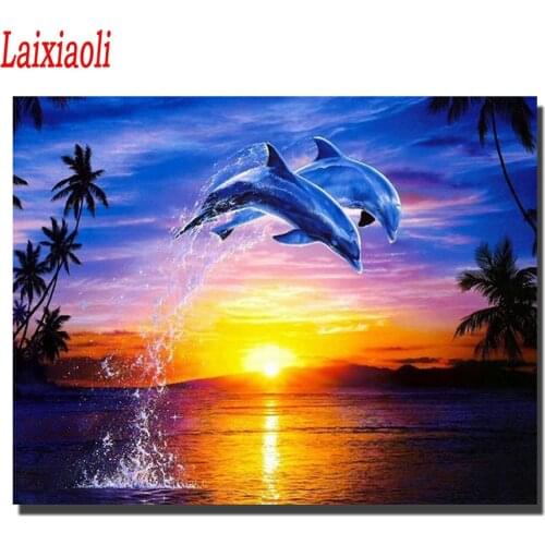 DIY 5D Diamond Painting Mosaic Scenic Sunset And Dolphins Handmade Diamond Cross stitch Set Diamond Embroidery full square round