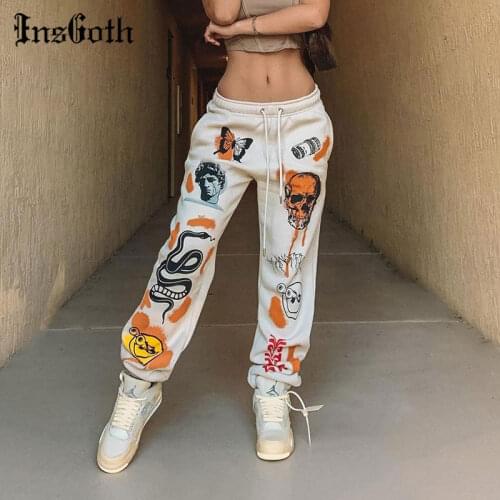 InsGoth Harajuku Skull Print Sweatpants Punk Goth Y2K High Waist Apricot Harem Pants Streetwear Grunge E Girl Casual Trousers