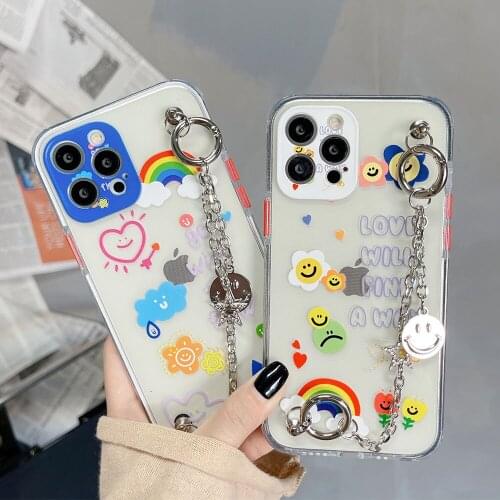 Wrist Chain Case for iPhone 12 Pro Max 7 8 XR XS Max SE 20 Shockproof Cases Cute Rainbow smiley Chain Hanging Case for iPhone 11