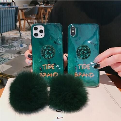 For iPhone 11 11Pro X XR XS MAX 5 5S 6 6S 7 8Plus Back Cover Silicone Soft Emerald Hairball Phone Cases With Rhinestone Holder