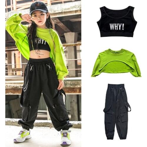ChildrenS Hip-Hop Clothes For Girls Jazz Dance Costumes Hip-Hop Cropped Fluorescent Green Suit Street Dance Costumes DQS6222