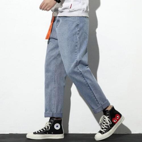 Loose Wide-leg Jeans Men Denim Cropped Trousers Hiphop Belt Design Youth Casual Straight-leg Pants Four Seasons Fashion Overalls