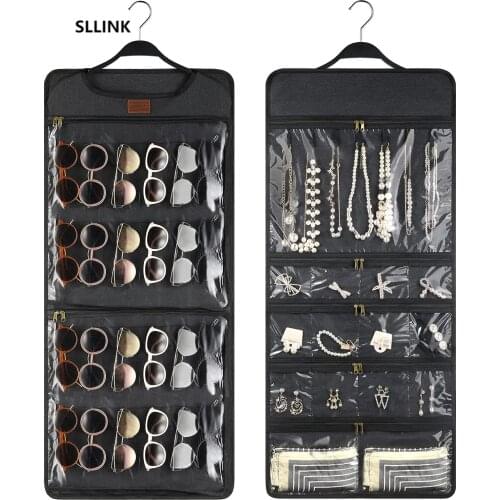 Canvas 2 in 1 Sunglasses Organizer, Hanging Jewelry Organize 42 Pieces Perfect for Eyeglasses, Earrings, Necklace(Dark Grey)