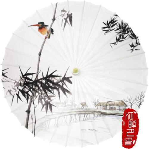 JPY Countryside Town Bamboo Oil Paper Umbrella Old House River Bridge Scenery Paper Parasol Yellow Birds Paper Umbrella