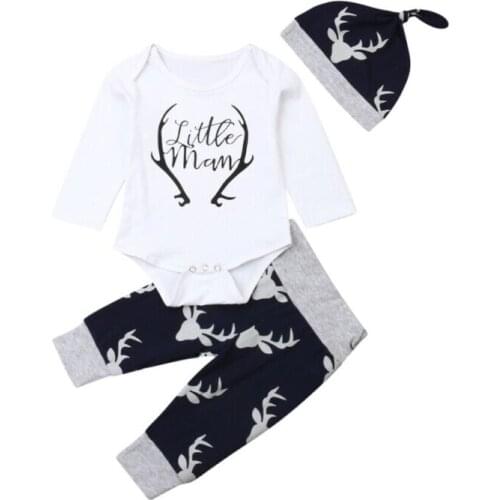 0-24M Newborn Baby Boys Clothes Little Man Romper+Deer Leggings Pants+Hat Outfits Set