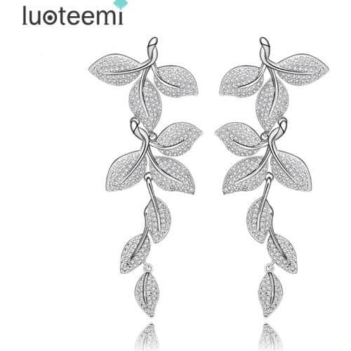 LUOTEEMI 2016 New Elegant Leaf Shape Drop Earrings Statement Tiny CZ White Color Noble Bridal Wedding Dangle Brincos Jewelry
