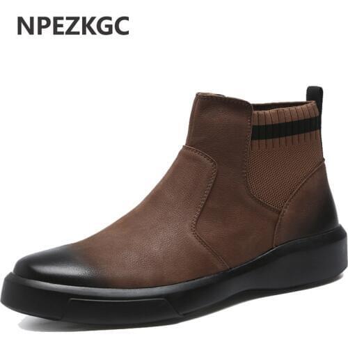 NPEZKGC New 2019 Men Leather Boots Fashion Autumn Winter Warm Cotton Brand Ankle Boots slip on Men Shoes Footwear Casual