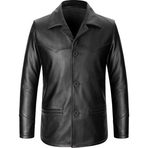 Mens Genuine Amekgji High Quality Real Cowhide Leather Coat Single Breasted Suit Collar Formal Black Jacket