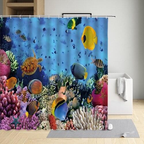 Ocean Coral Sea Turtle Shower Curtain Fish Jellyfish Starfish Shark Devil Fish Dolphin Mermaid Cloth Bathroom Decor Bath Screen