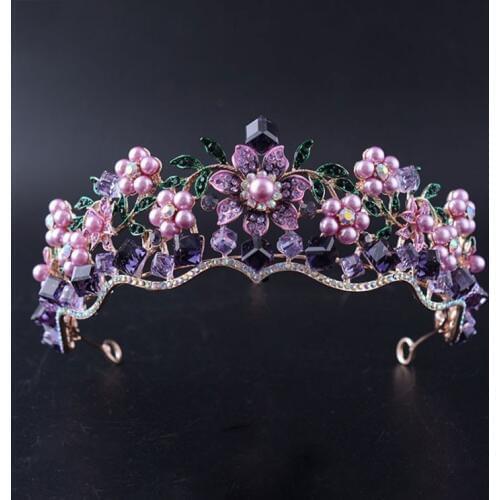 Luxury Baroque Purple Crystal Pearl Bridal Crown Tiara Magnificent Rhinestone Diadem for Bride Headband Wedding Hair Accessories