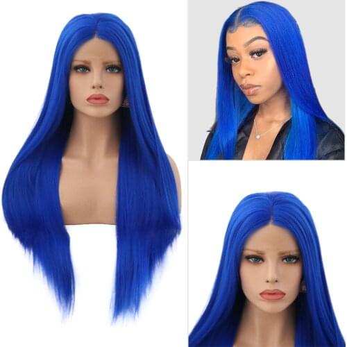 Blue Silky Straight Cosplay Lace Wigs Middle Part 13x3 Synthetic LaceFront Wig Soft Hair with Baby Hair Natural Hairlinr