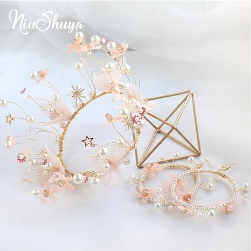 NiuShuya Bridal Headdress Korean Handmade Pink LaceFlower Round Crown Wedding Dress Hair Accessories Princess Hair Crown Tiaras