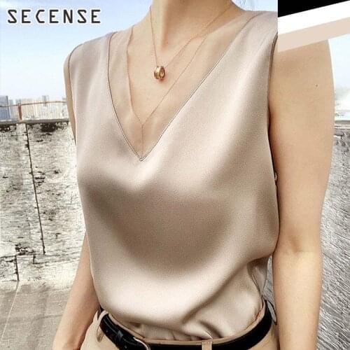 Womens Tank Satin Tunic v-Neck Champagne White Office Lady Vintage Elegant Tops Tee Women Clothing 2021 Plus Size 5xl SECNESE