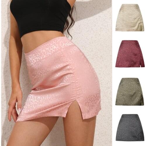 Woman Skirt Fashion Elegant Mini Skirt Jupe Leopard Printed High Waist Split Short Skirt Women 2021Sexy Jacquard Satin Zipper