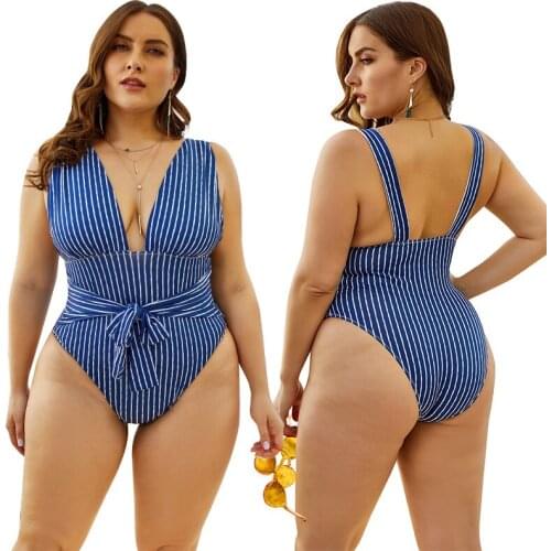 Ladies Blue Striped Bathing Suit Women 2020 New Sexy One Piece Swimsuit Deep V Neck Sexy Swimming Suit Plus Size 5XXL Swimwear