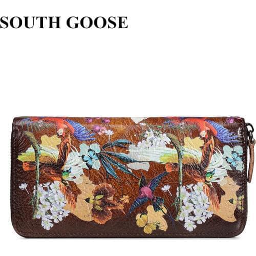 SOUTH GOOSE Women Genuine Leather Clutch Wallets Female Retro Long Zipper Handy Bag Printing Flower Strap Card Holder Coin Purse