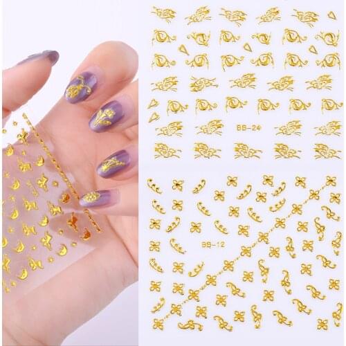 1 Set 3/5/10 Sheet Random Nail Art Stickers White Bottom Gold Butterfly Flower Vintage Border Design Series Decals 3D Nail Decor