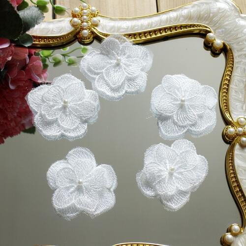 20 Pcs/Lot White Mesh embroidery fabric lace patch trim clothes 3D Beading flower wedding dress diy applique