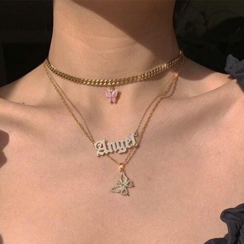 3 Pcs/Set Charm Women Necklaces Set Letter Angel Hollow Butterfly Clavicle Chain Gold Necklace Fashion Party Lady Jewelry