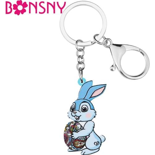 BONSNY Acrylic Sweet Blue Easter Eggs Rabbit Bunny Keychains Ring Fashion Key Chain Unique Jewelry For Women Girls Teens Gifts