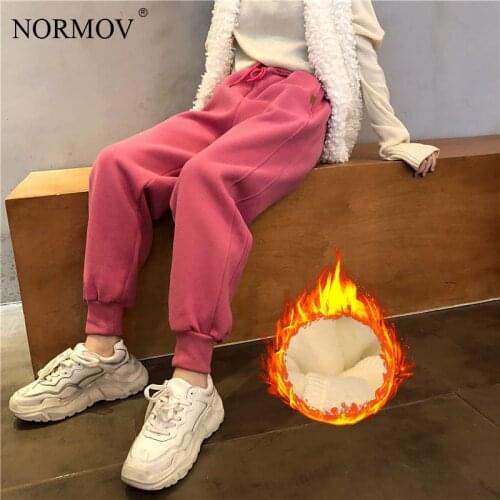 NORMOV Plus Velvet Trousers Women Tether Solid Color Loose Pants Pockets Thick Mid Waist Casual Tie Feet Harem Pants Women