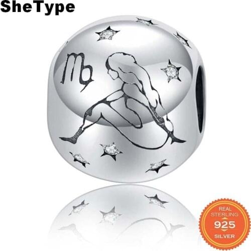 SheType 2.8g Water Sign Constellation Round Beads for Women Jewelry Making Virgo Clear Star Charm 925 Solid Sterling Silver