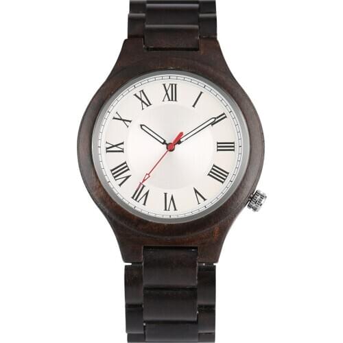 Mens Watch Quartz Wooden Watch Roman numerals Dial Durable Wooden Strap with Folding Clasp Wristwatch for Men