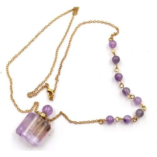 FYJS Unique Gold Color Square Shape Natural Purple Amethysts Stone Perfume Bottle Pendant with Stone Beads Chain Necklace