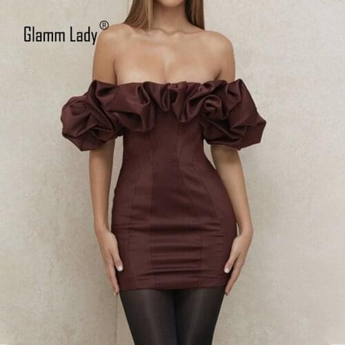 Glamm Lady Ruffle Satin Party Summer Mini Dress Women Off Shoulder Backless Sexy Dresses Elegant Strapless Bodycon Club Vestidos