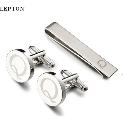Hot Sale Round Letters Q Cufflinks for Mens Silver Color Letters Q of alphabet Cuff links & Tie Clip Set Men Shirt Cuffs Button
