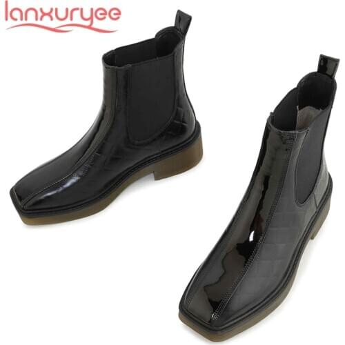 Lanxuryee Chelsea boots natural leather gingham classic colors square toe thick med heel slip on convenient cozy ankle boots L05