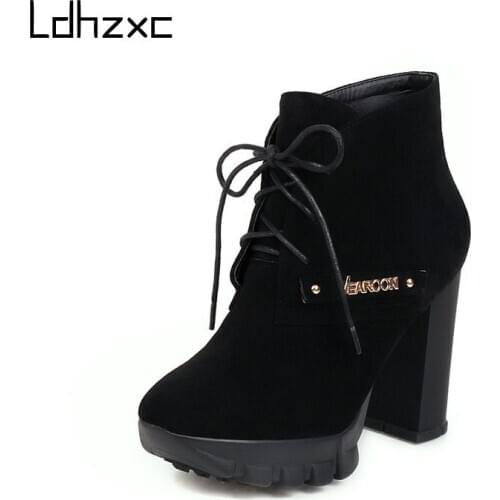 LDHZXC New Arrival Women Ankle Boots Kid Suede Leather Round Toe High Heels Platform Boots Autumn Winter Party Shoes Female