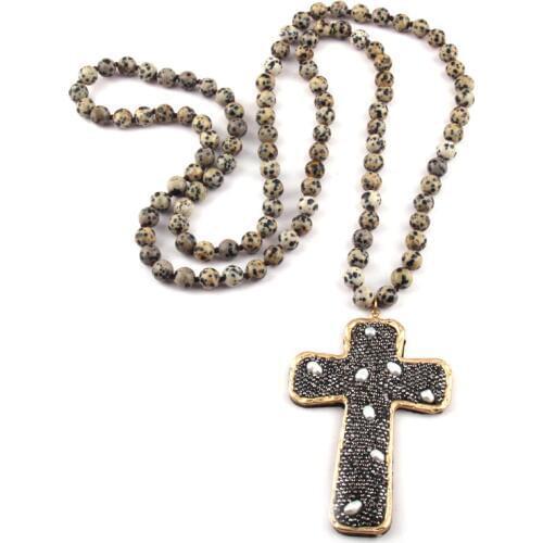 Fashion Bohemian Jewelry 108pc Mala Stone Knotted Big Crystal Pave Cross Pendant Yoga Necklace