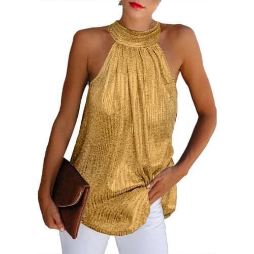 Fashion Women Vest Halter Solid Color Sleeveless Mock Neck Shiny Shirt Women Tank Top Summer Garment