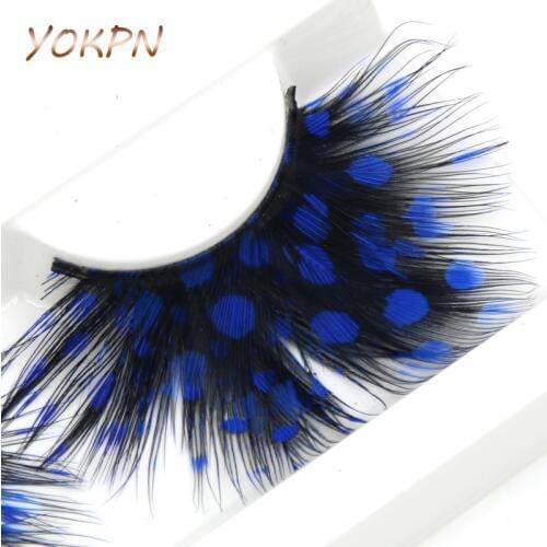 YOKPN New Blue Dots Feathers False Eyelashes Crisscross Messy Thick Exaggerated Eye Lashes Hand Stage Show Makeup Fake Eyelashes