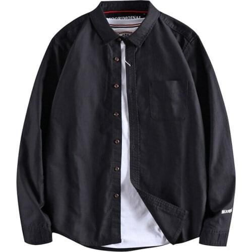 Japanese Harajuku 100% Cotton Pocketed Solid Color Embroidered Long Sleeve Button Up Shirt for Men Plus Size