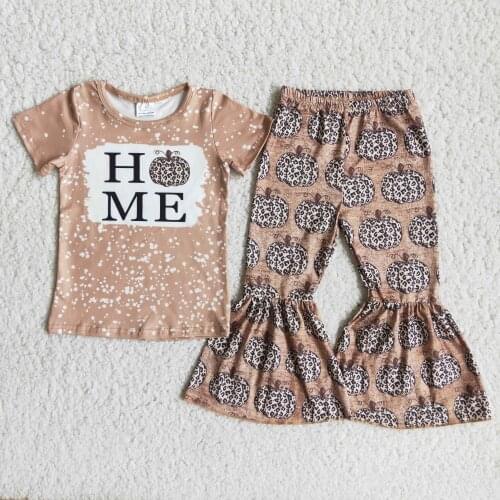 Fall/Autumn Baby Girls Two Pieces Set Short Sleeve Home Print Shirt Coffee Background Pumpkin Bell Botton Pants Outfits