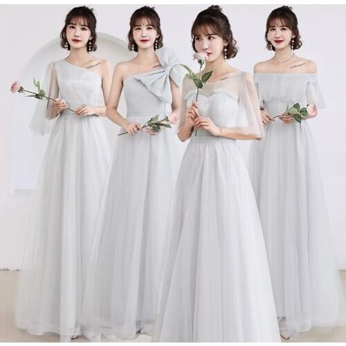 Bridesmaids Dresses Illusion Strapless One Shoulder Lace Pleat Tulle Floor-Length A-Line Sleeveless Lady Wedding Party Gown E320