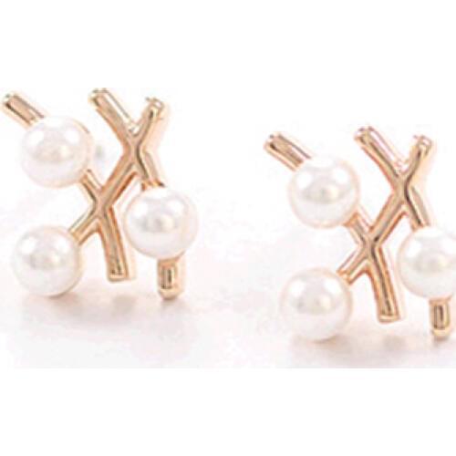 Golden & Silver Plated Metallic Stick Cross Simulated Pearl Fashion Stud Earrings for Women piercing Trendy Jewelry