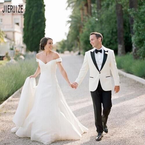 JIERUIZE Simple Elegant Wedding Dresses Off Shoulder Backless A Line Bridal Dresses Satin Wedding Gowns vestido de noiva