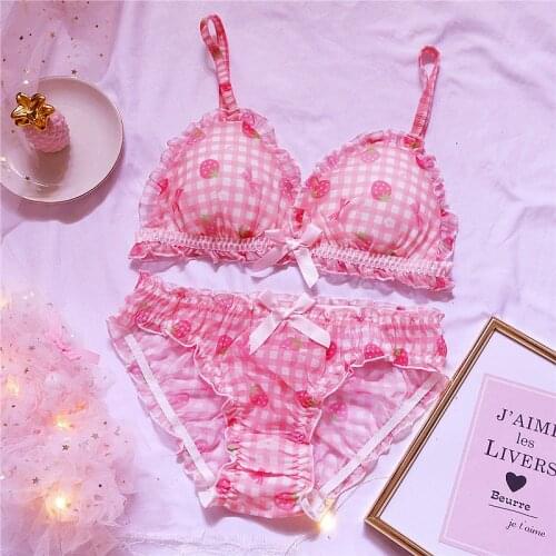 Cute Japanese Bras Briefs Underwear Set Lolita Girl Pink Plaid Flower Mesh Sexy Strawberry Print Bra & Panties Lingerie Set