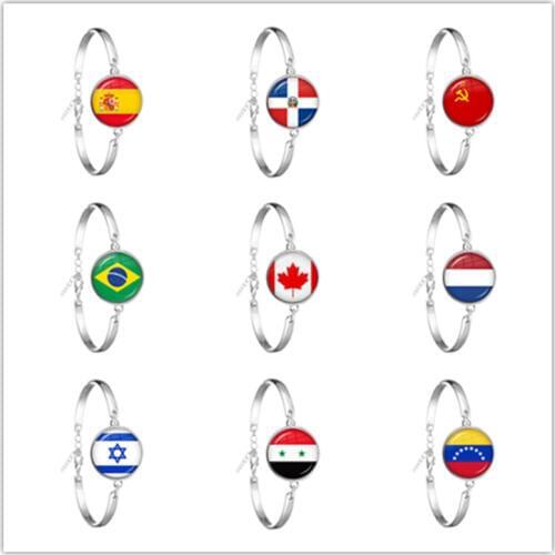 Soviet Union,Brazil,Canada,Netherlands,Israel,Syria,Venezuela,United States,Spain National Flag Glass Cabochon Chain Bracelet