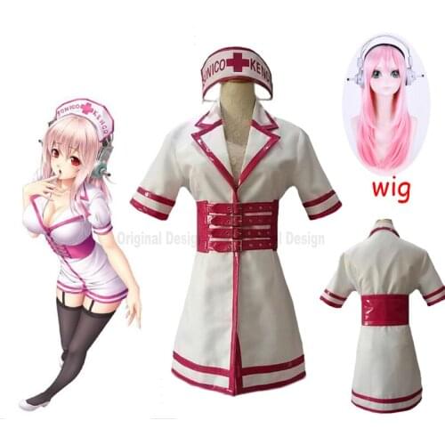 SuperSonico SONICO KENGO Nurse Cosplay Costume Sexy Uniform Halloween Costumes Pink White Dress Belt Headband Set of 3 pcs