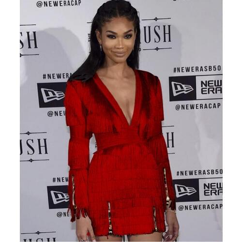 High Quality Red Black White V-neck Tassel Bandage Dress Evening Party Elegant Dress