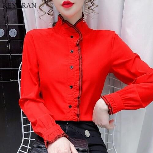 Spring Autumn 2021 Women Fungus Chiffon Long Sleeved Shirt Female Pleated Bottoming Tops & Blouses Plus Size 4XL