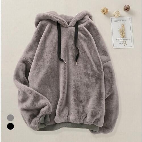 Women Autumn Winter Black Plush Hoodie Thick Drawstring Hooded Sweatshirt Pullover Female Casual Warm Oversized Clothes Outwear