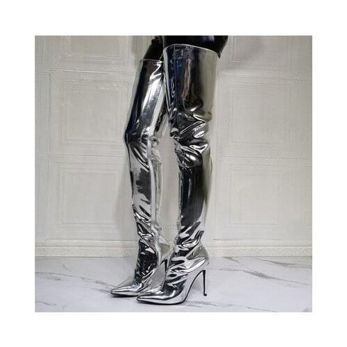 Women Boots Mirror Platform Pointy Toe Punk High Thin Heels Over The Knee Long Boots Autumn Winter Zip Silver Casual Party Shoes