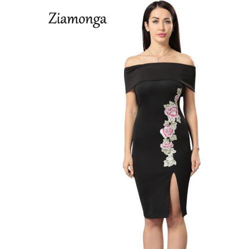 Ziamonga Sexy Off Shoulder Ruffle Women Dress Flower Embroidery Bodycon Summer Dress Elegant Black Party Midi Dress Vestidos